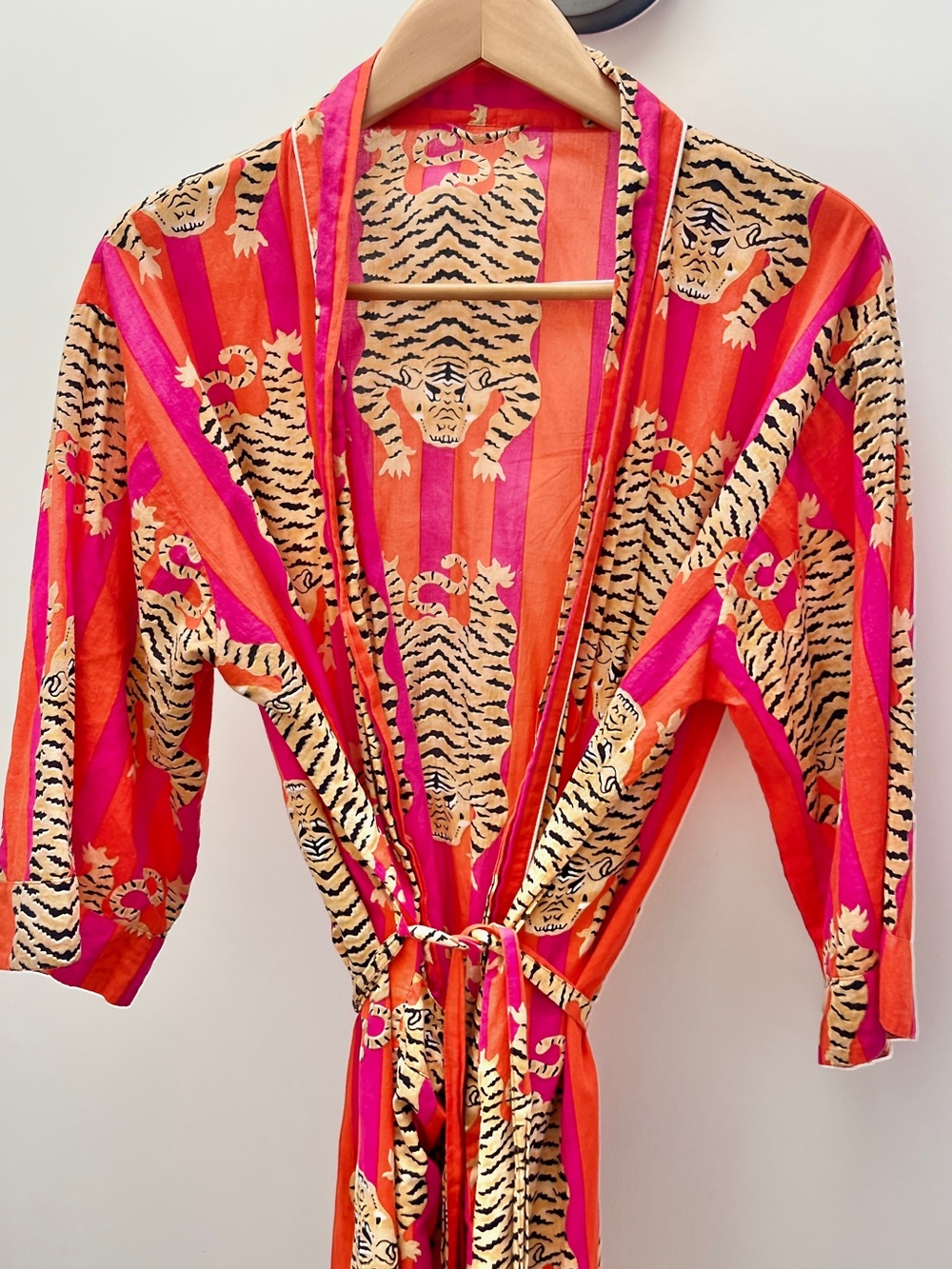 Jaipur Indian Cotton Hand Block Print Tiger Stripe Kimono Robe Duster